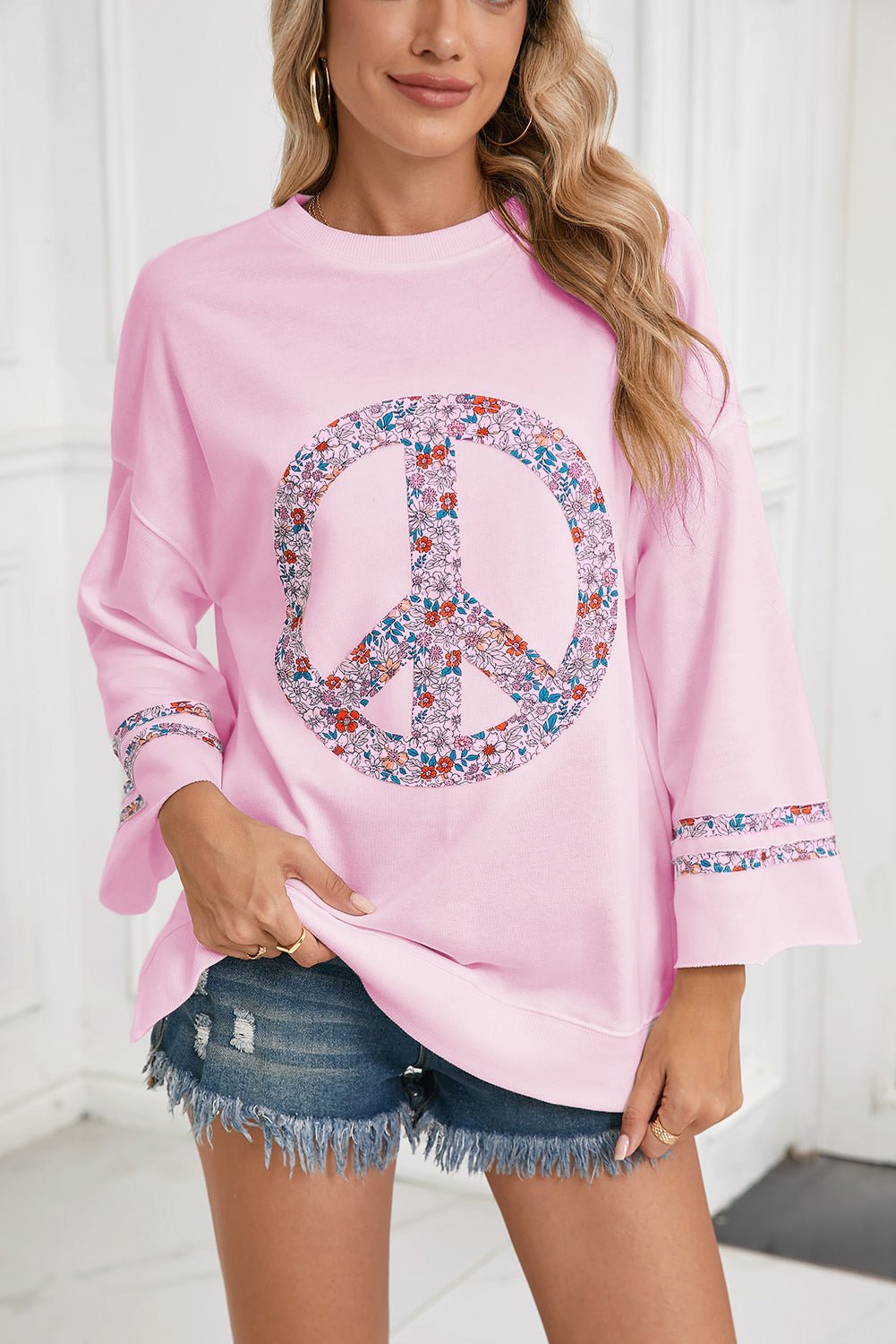 Jet Stream Floral Peace Sign Drop Shoulder Top - Maka Boho