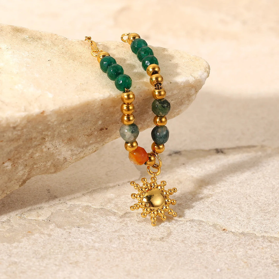 Bohemian Sun Charm Beaded Stainless Steel Necklace - Maka Boho