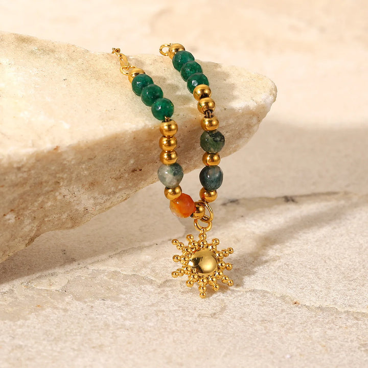 Bohemian Sun Charm Beaded Stainless Steel Necklace - Maka Boho