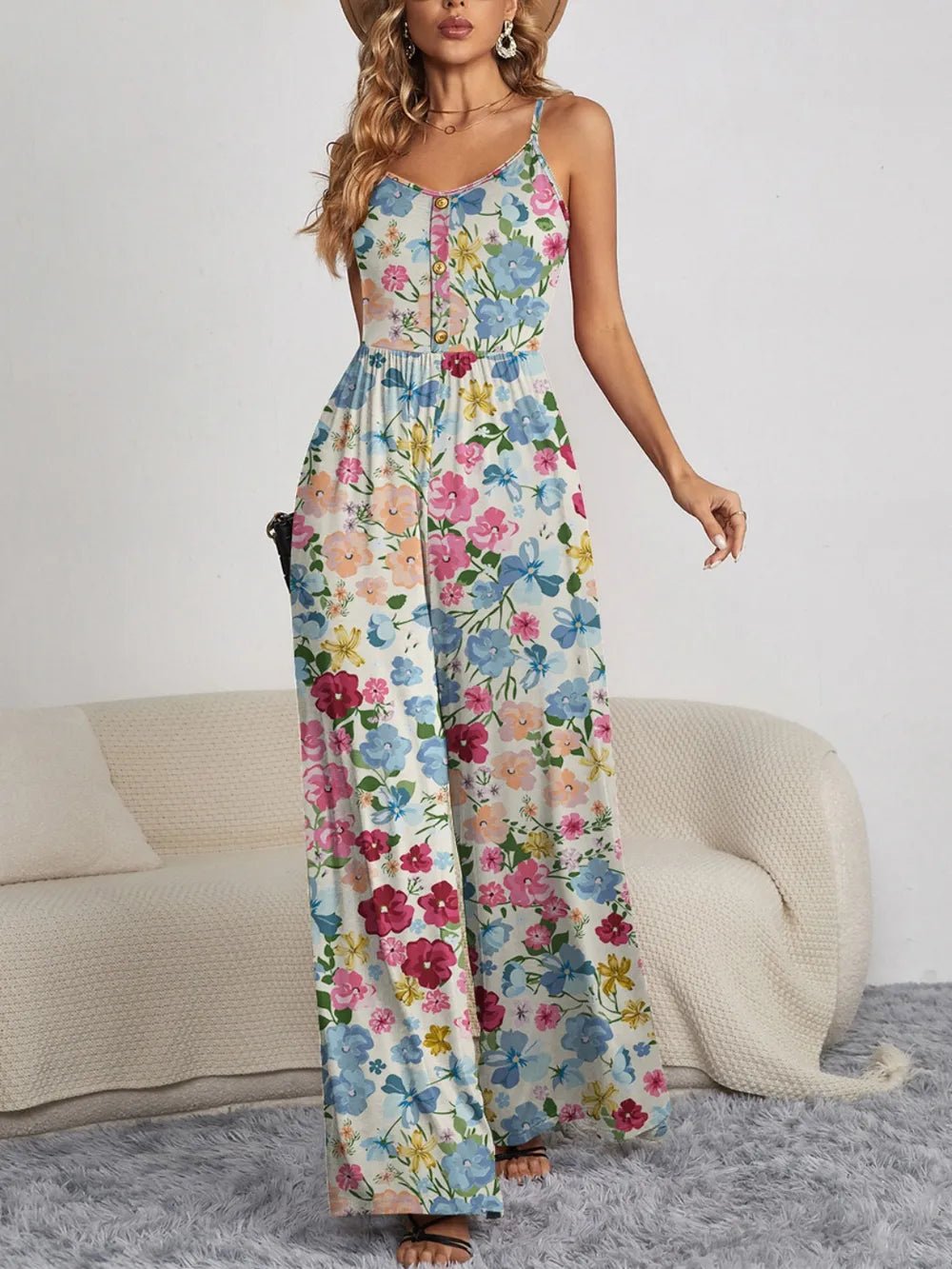 FAM - FAM Decorative Button Spaghetti Strap Wide Leg Jumpsuit - Maka Boho