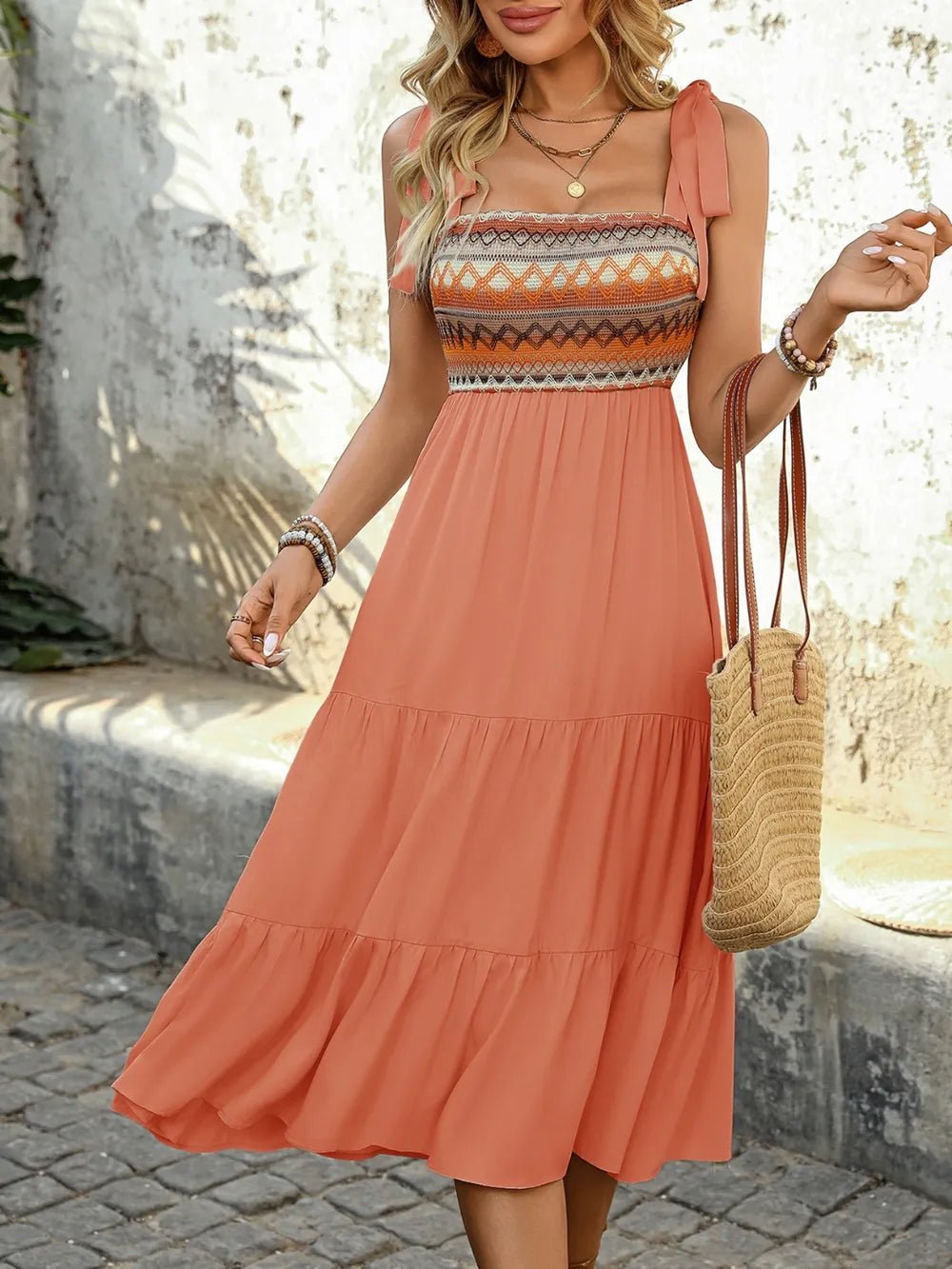 Tie Shoulder Square Neck Tiered Midi Dress - Maka Boho