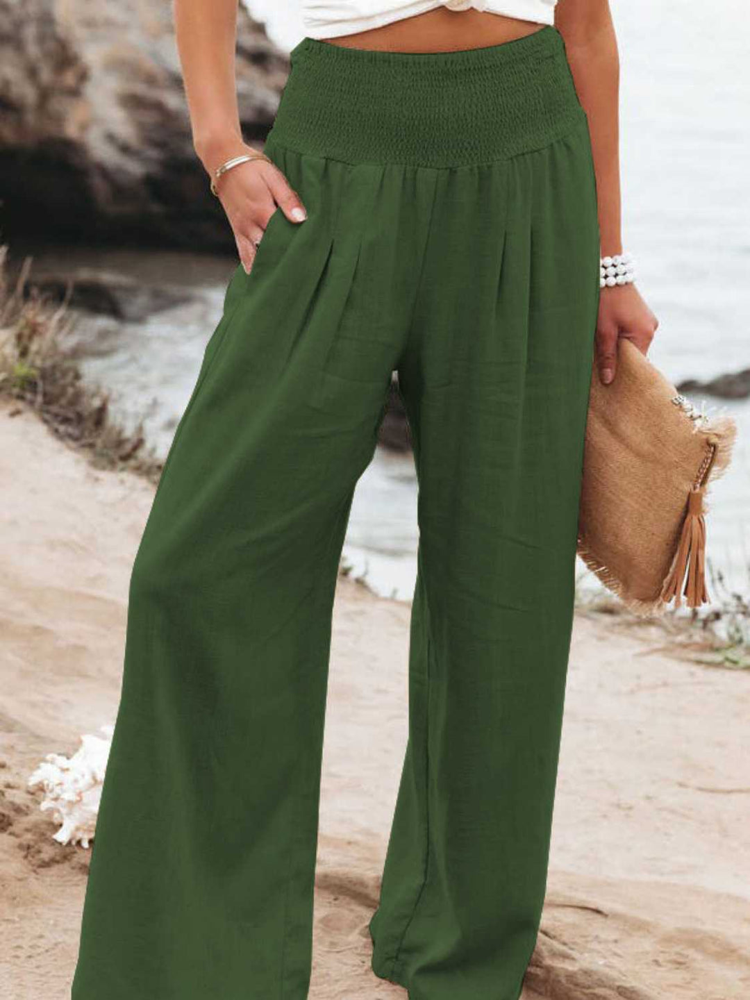 Full Size Smocked Waist Wide Leg Pants - Maka Boho