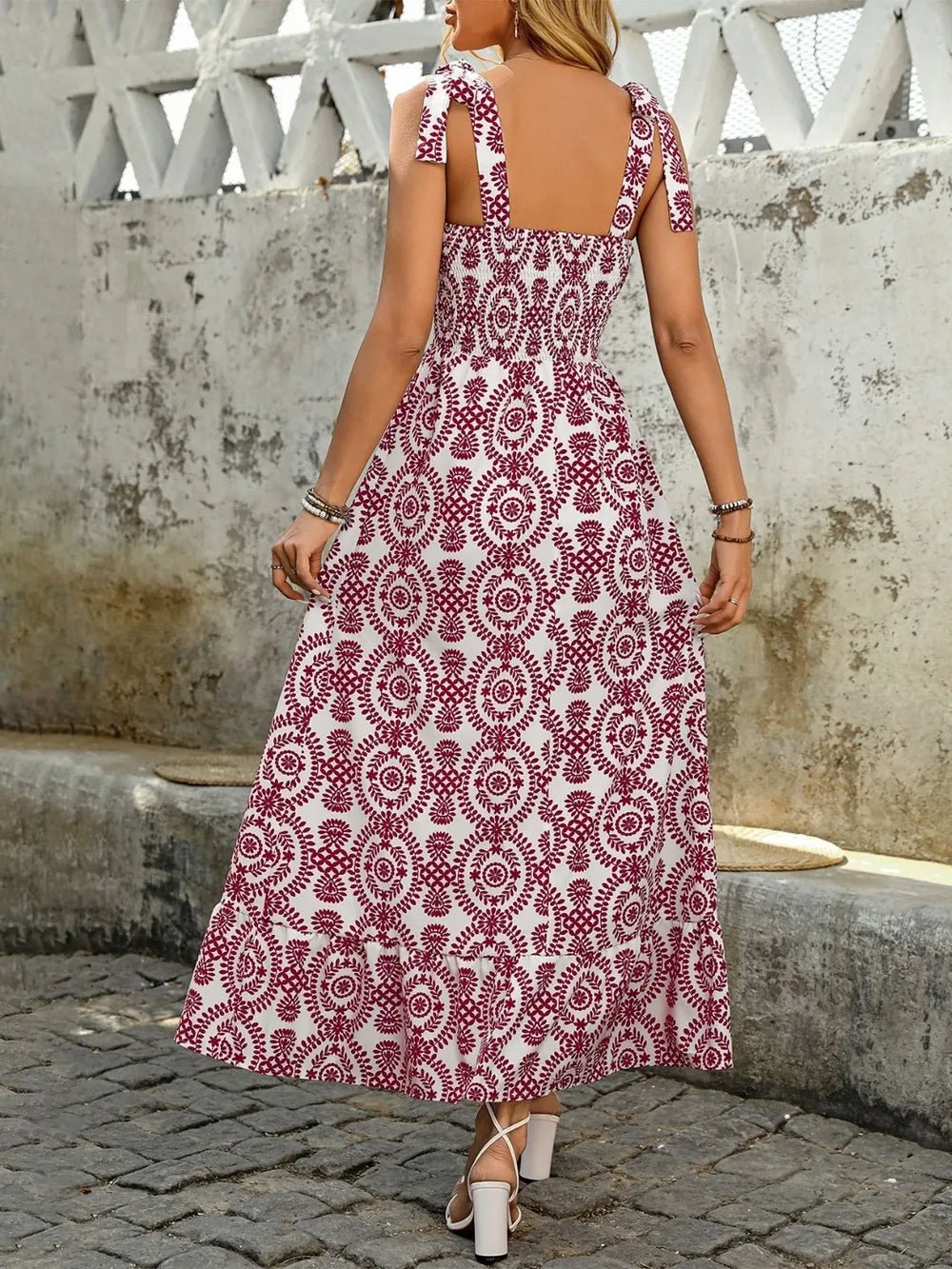 Smocked Slit Printed Tie Shoulder Dress - Maka Boho