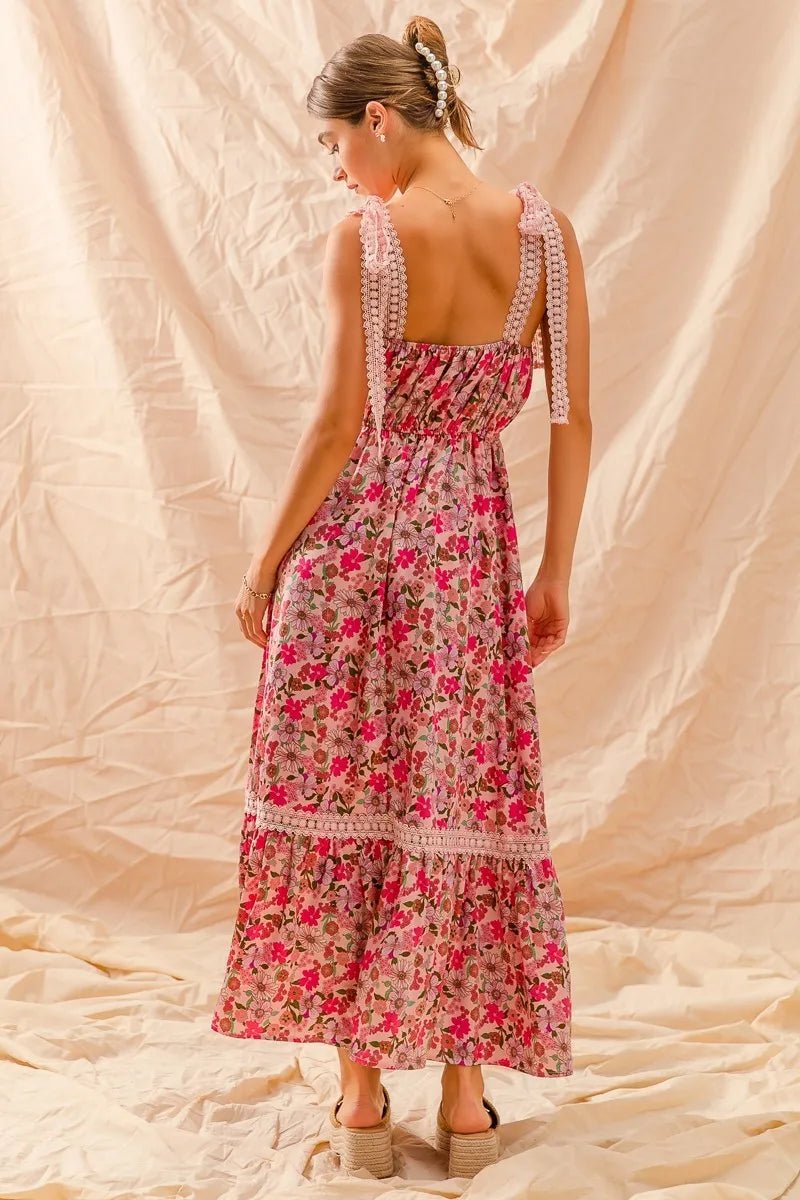 SO ME Floral Maxi Dress With Ribbon Tie Lace Strap - Maka Boho