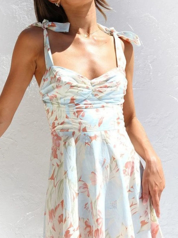 Floral Tie - Strap Sweetheart Neck Midi Dress - Maka Boho