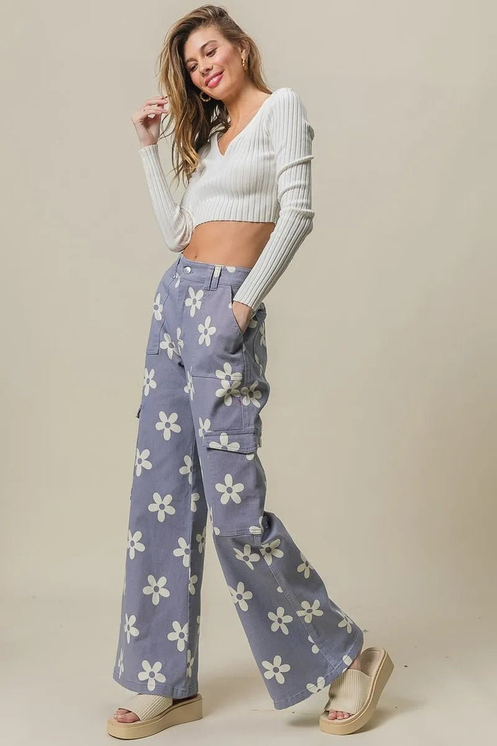 BiBi Flower Printed Side Pocket Wide Pants - Maka Boho