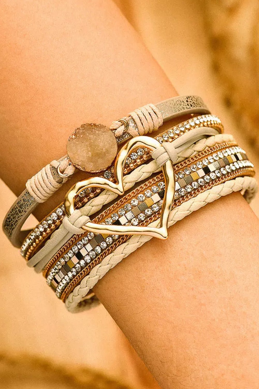 Beige Braided Heart Rhinestone Magnetic Buckle Multi Layered Bracelet - Maka Boho
