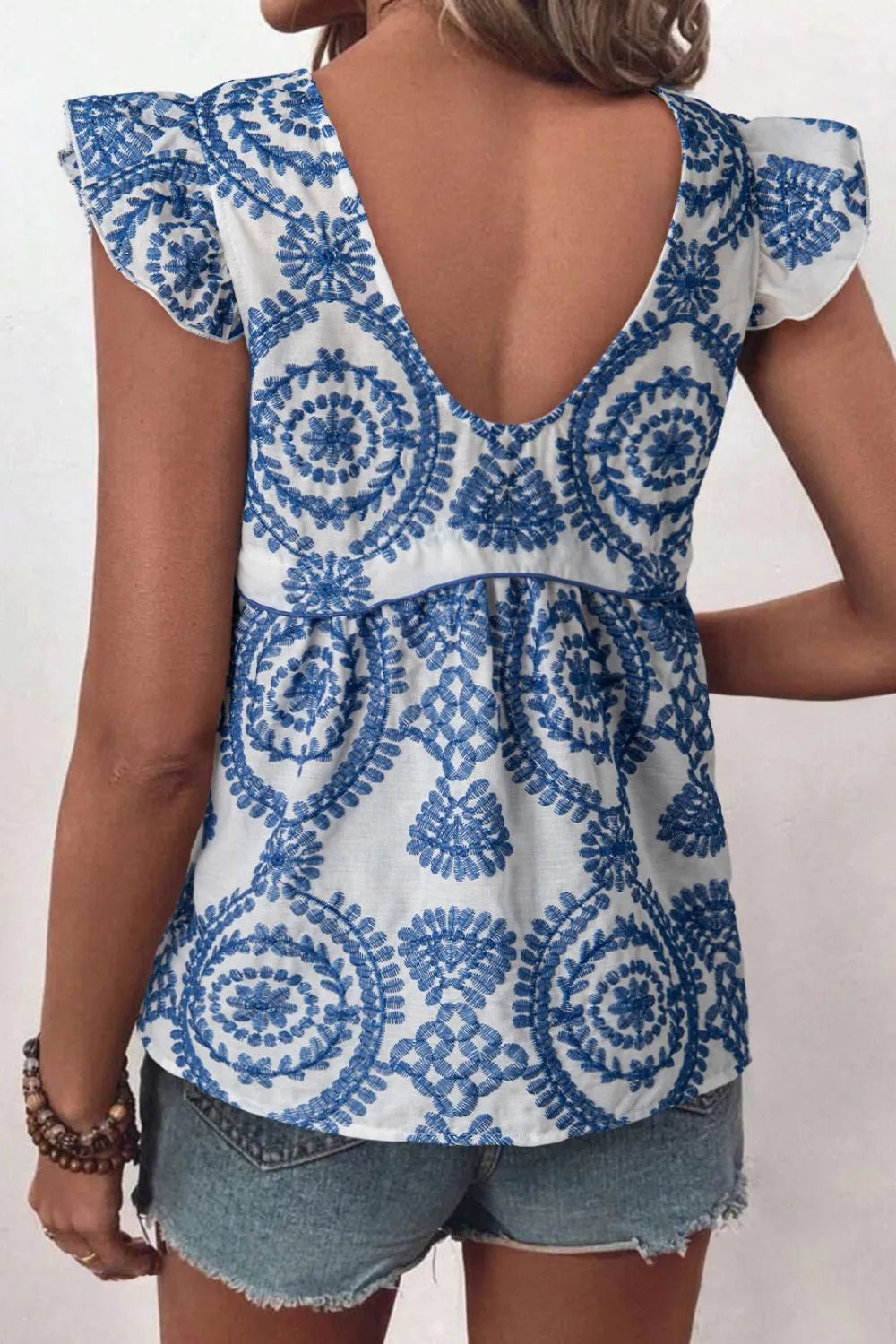 Boho Print Ruffled Cap Sleeve Crew Neck Blouse - Maka Boho