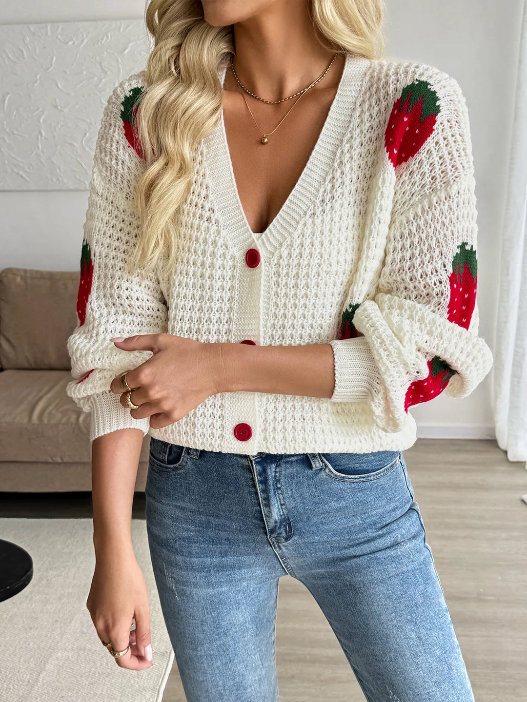 Strawberry Pattern V - Neck Button - Up Cardigan - Maka Boho