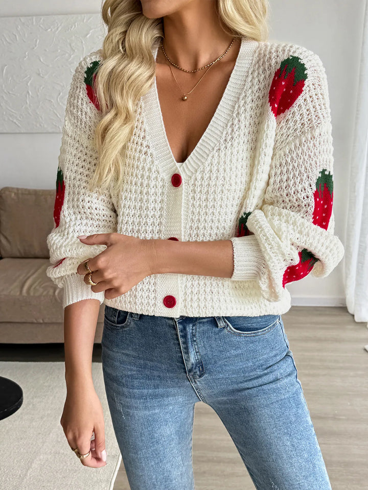 Strawberry Pattern V - Neck Button - Up Cardigan - Maka Boho