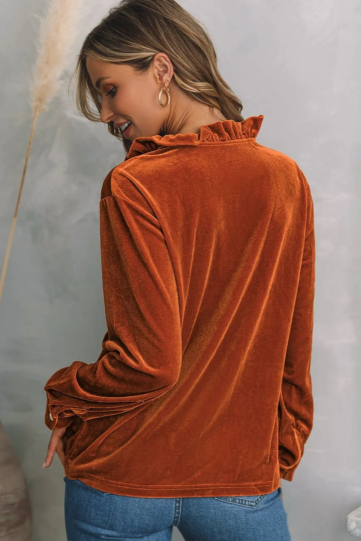 Notched Frill Detail Long Sleeve Blouse - Maka Boho