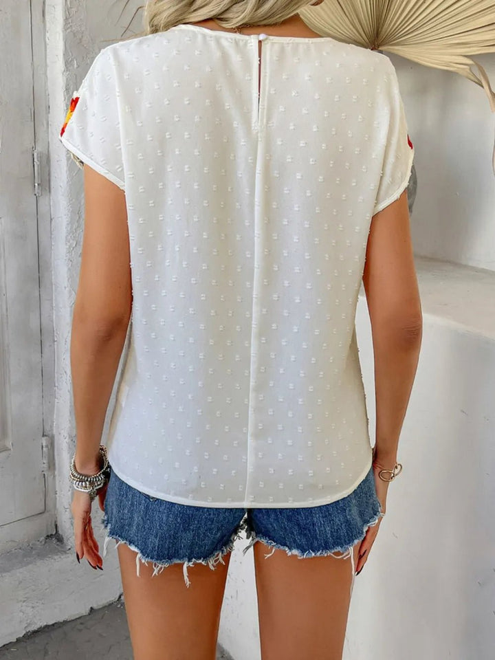 Devine Swiss Dot Round Neck Crochet Short Sleeve Top - Maka Boho