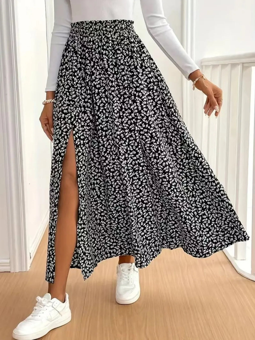 Floral Split Elastic Waist Maxi Skirt - Maka Boho