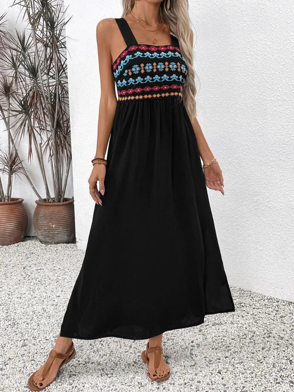 Perfee Embroidered Floral Side Slit Sleeveless Midi Dress - Maka Boho