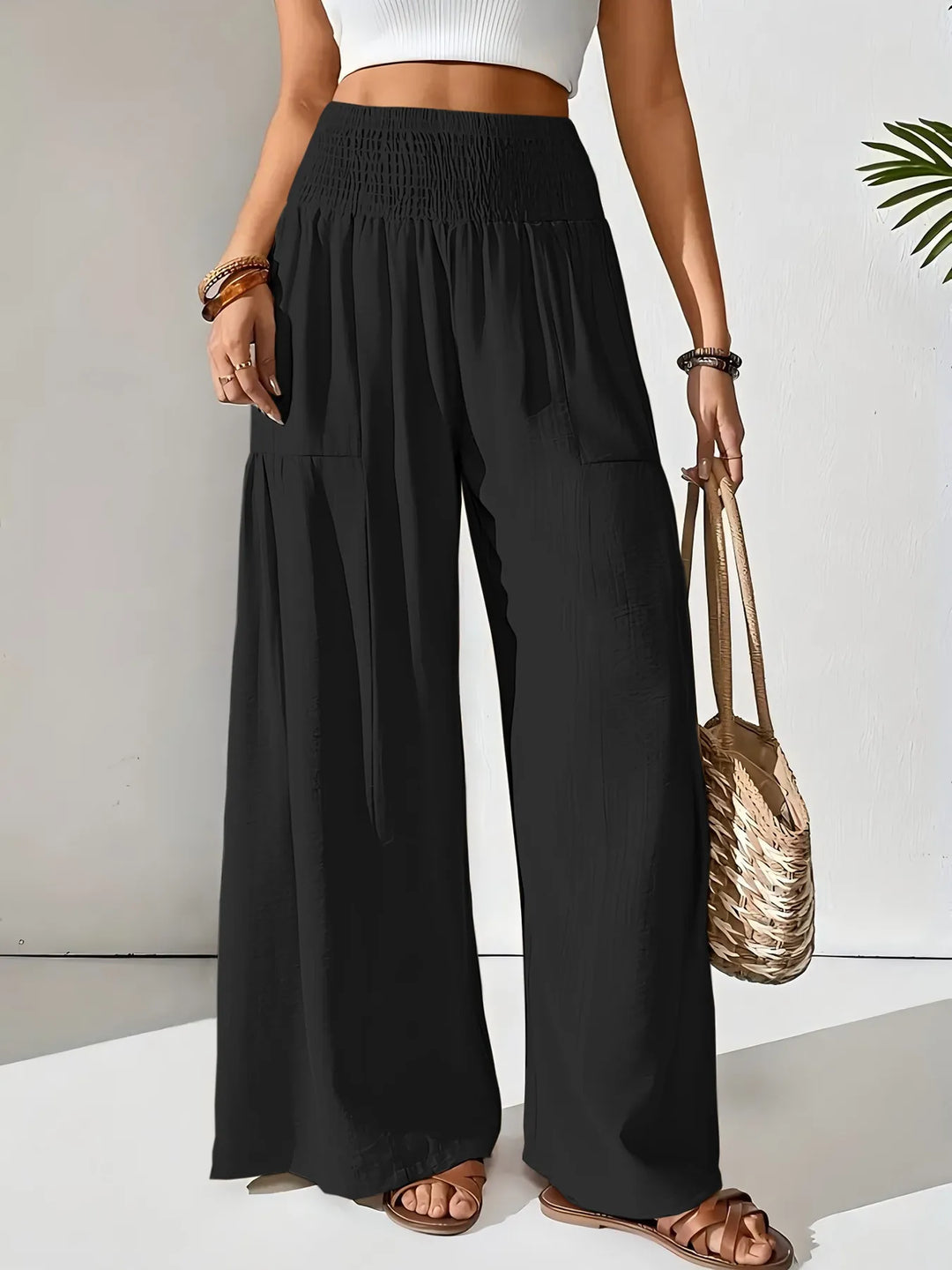 Smocked Waist Wide Leg Pants - Maka Boho