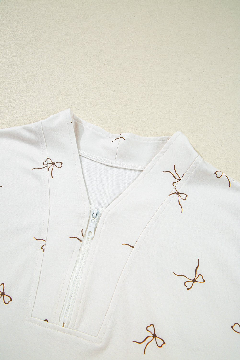 Beige Bow Print Half Zip Tank Top and Shorts Set - Maka Boho
