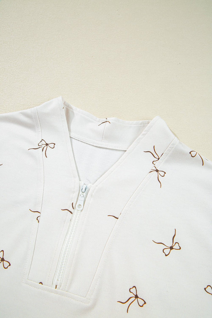 Beige Bow Print Half Zip Tank Top and Shorts Set - Maka Boho