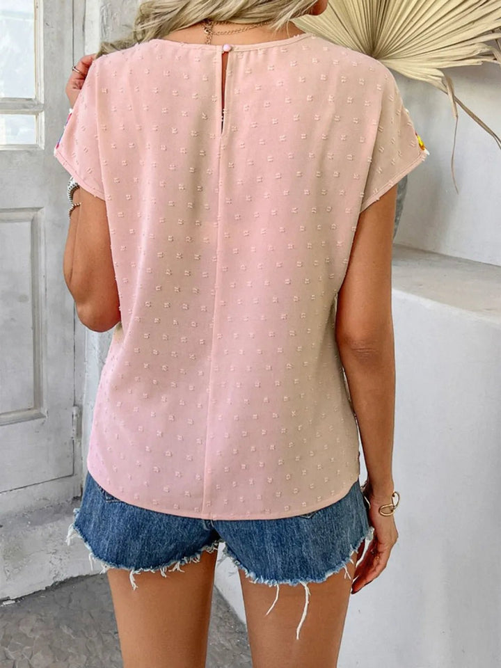 Devine Swiss Dot Round Neck Crochet Short Sleeve Top - Maka Boho