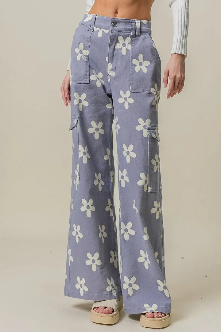 BiBi Flower Printed Side Pocket Wide Pants - Maka Boho