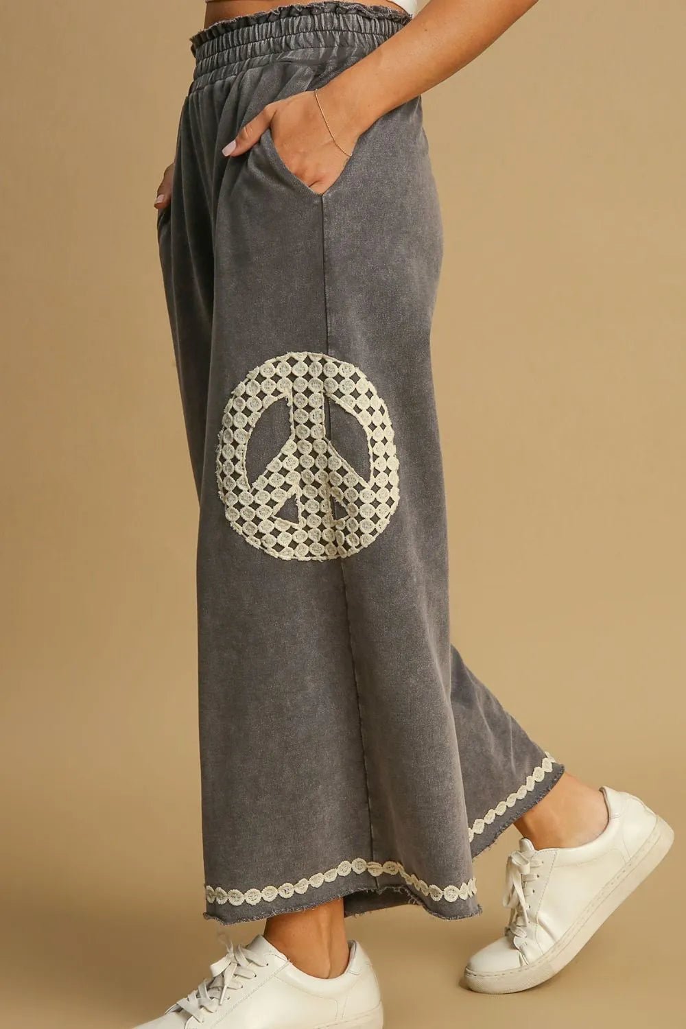 Umgee Full Size Peace Lace Applique Mineral Wash Wide Leg Pants Plus Size - Maka Boho