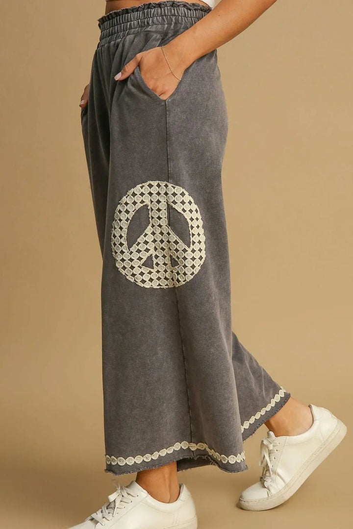 Umgee Full Size Peace Lace Applique Mineral Wash Wide Leg Pants Plus Size - Maka Boho