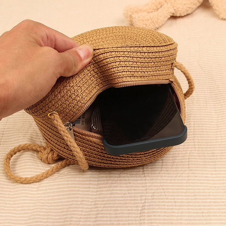 Summer Round Straw Bag For Women Woven Handmade Shoulder Bag New Travel Rattan Beach Bag Casual Style Crossbody Bag Handbag Purs - Maka Boho