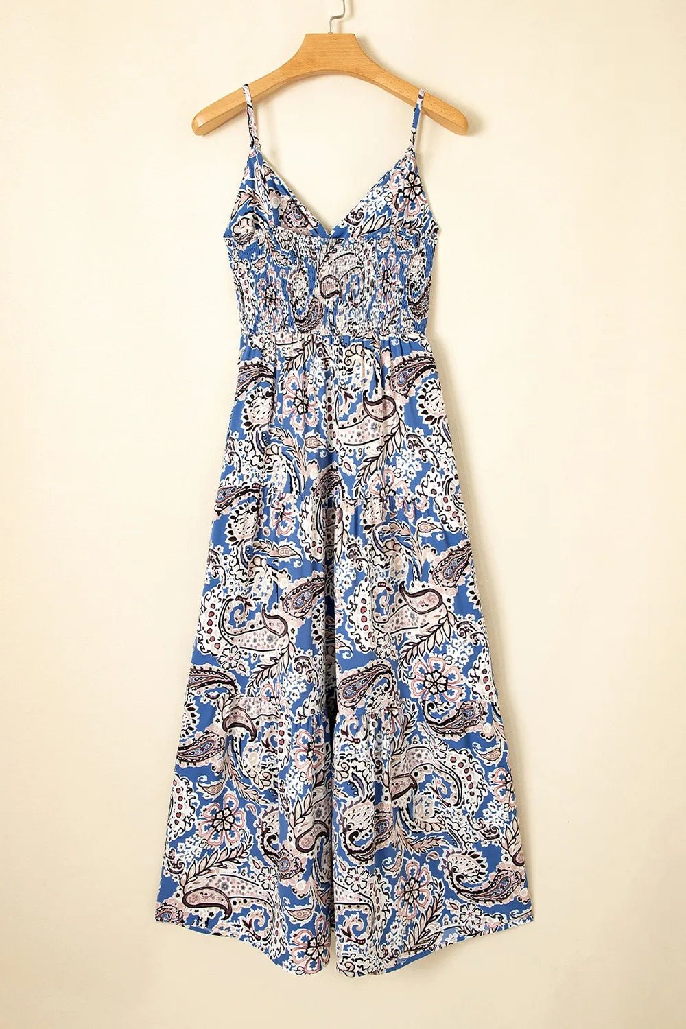 Paisley Print Twist Detail Smocked Back Spaghetti Straps Dress - Maka Boho