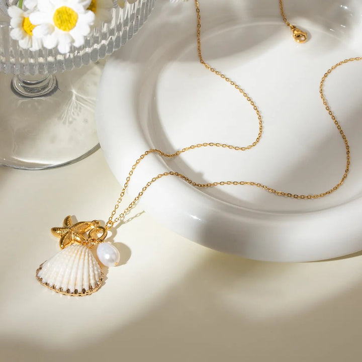 18K Gold - Plated Synthetic Pearl Shell Necklace - Maka Boho