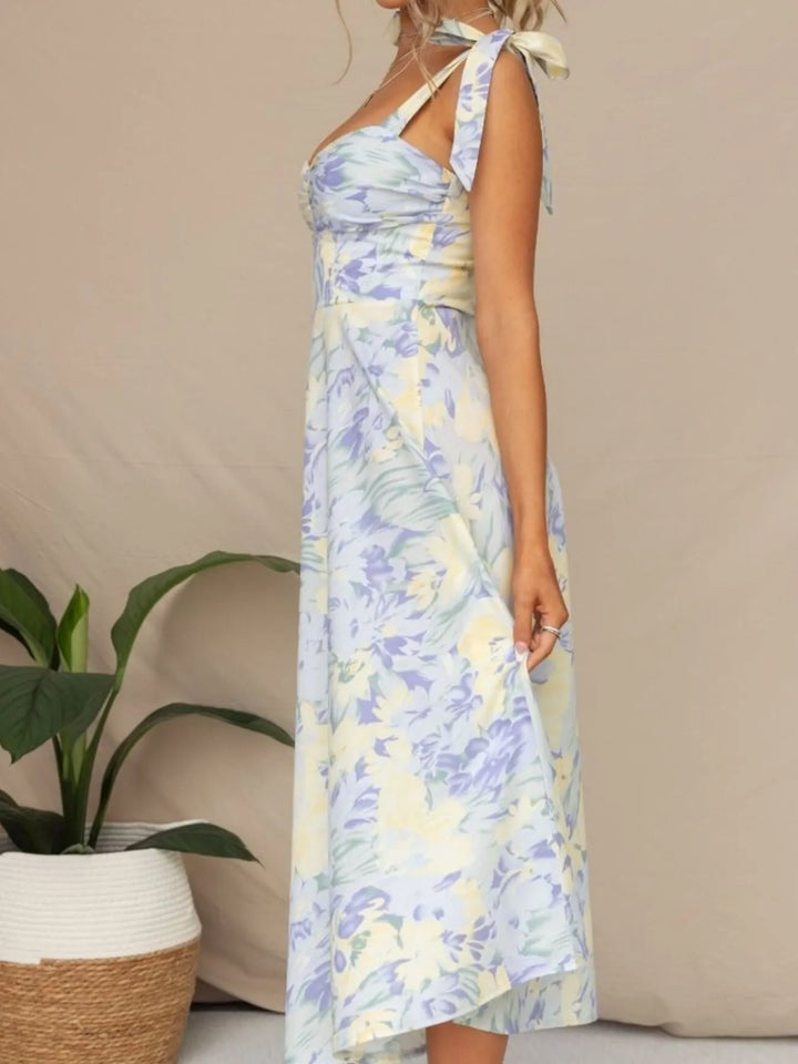 Floral Tie - Strap Sweetheart Neck Midi Dress - Maka Boho