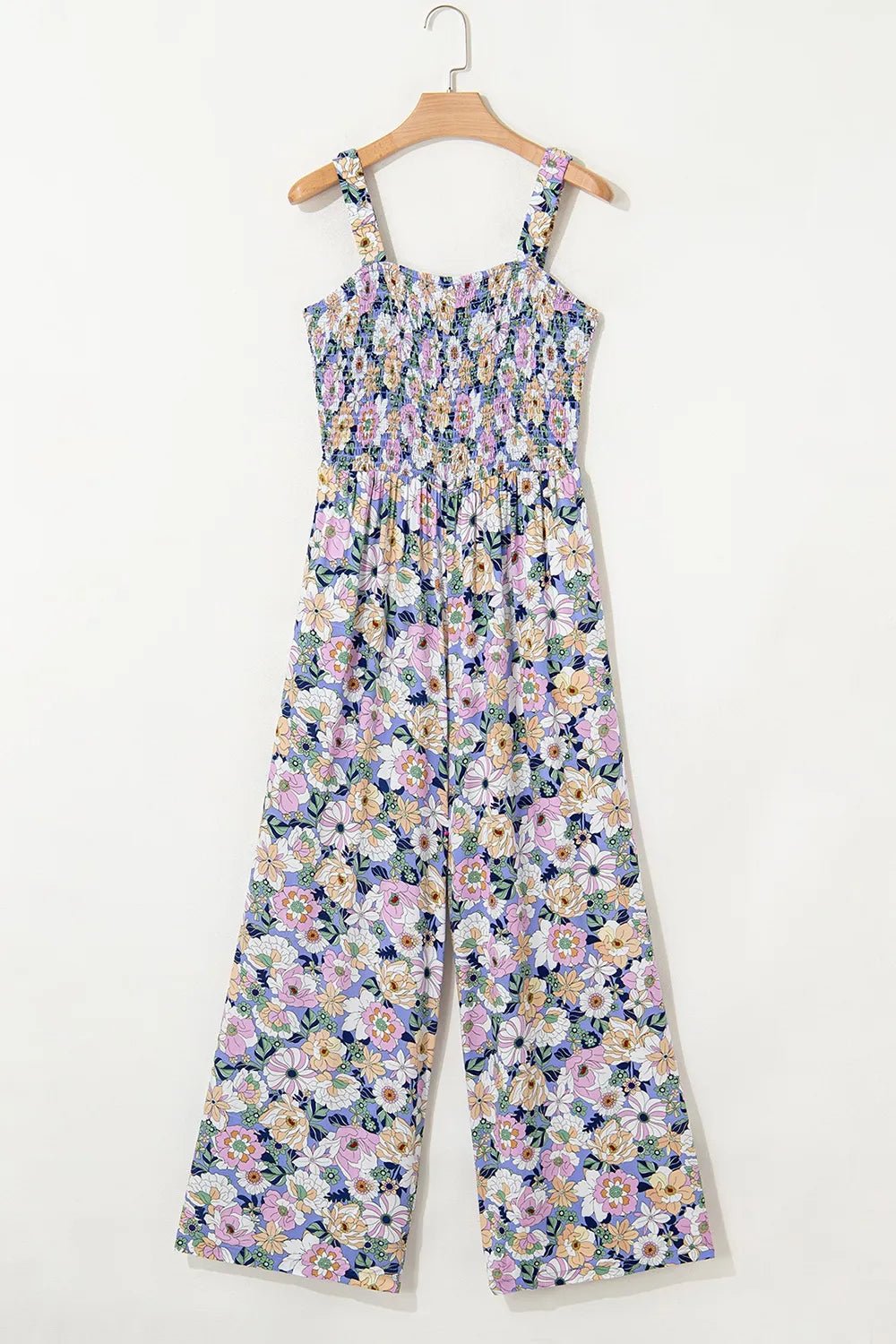 Floral Print Smocked High Waist Square Neck Jumpsuit - Maka Boho