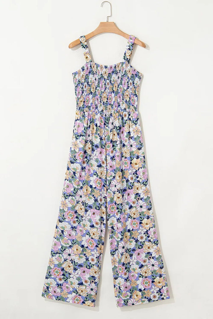 Floral Print Smocked High Waist Square Neck Jumpsuit - Maka Boho