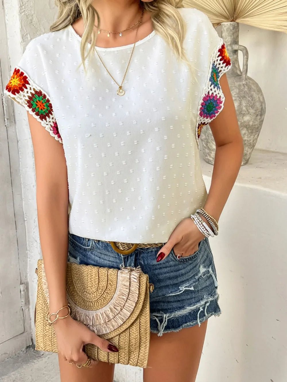 Devine Swiss Dot Round Neck Crochet Short Sleeve Top - Maka Boho