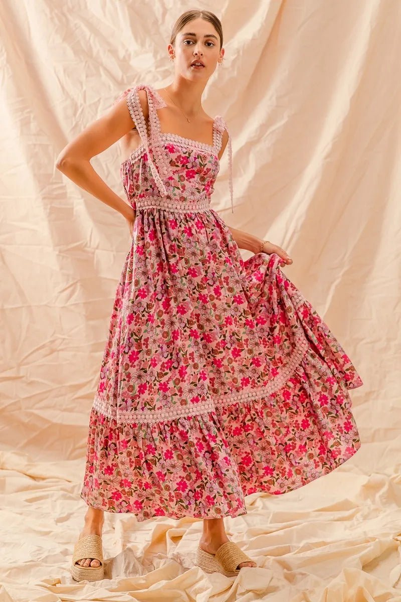 SO ME Floral Maxi Dress With Ribbon Tie Lace Strap - Maka Boho