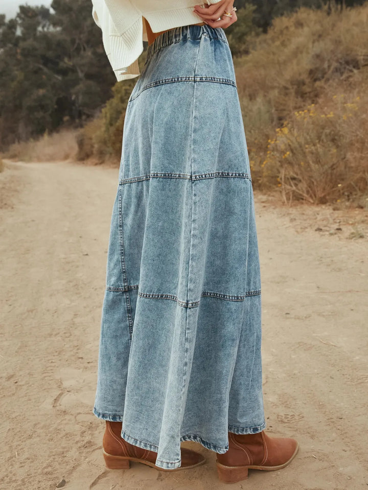 Button - Front Tiered Maxi Denim Skirt - Maka Boho