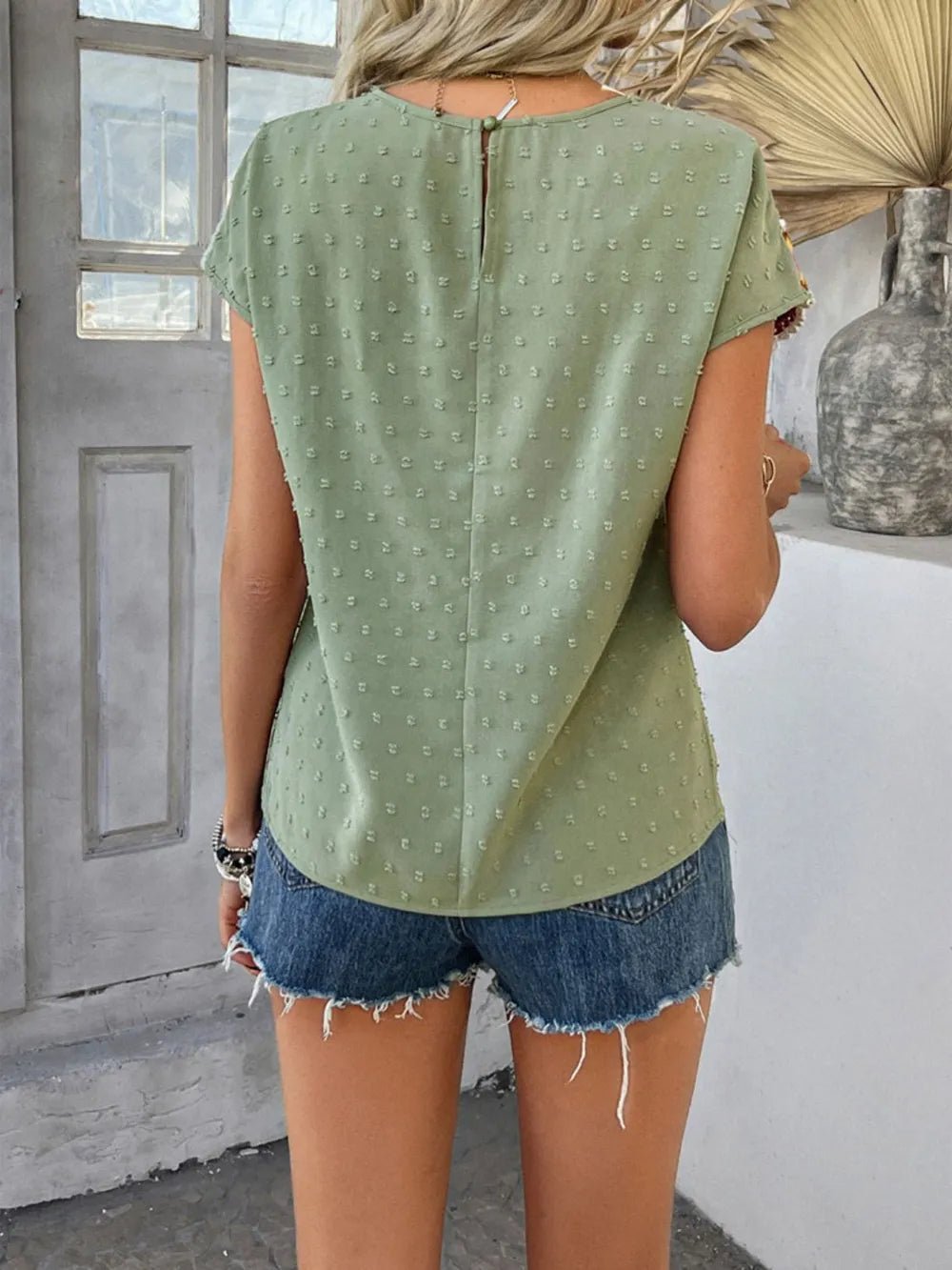 Devine Swiss Dot Round Neck Crochet Short Sleeve Top - Maka Boho