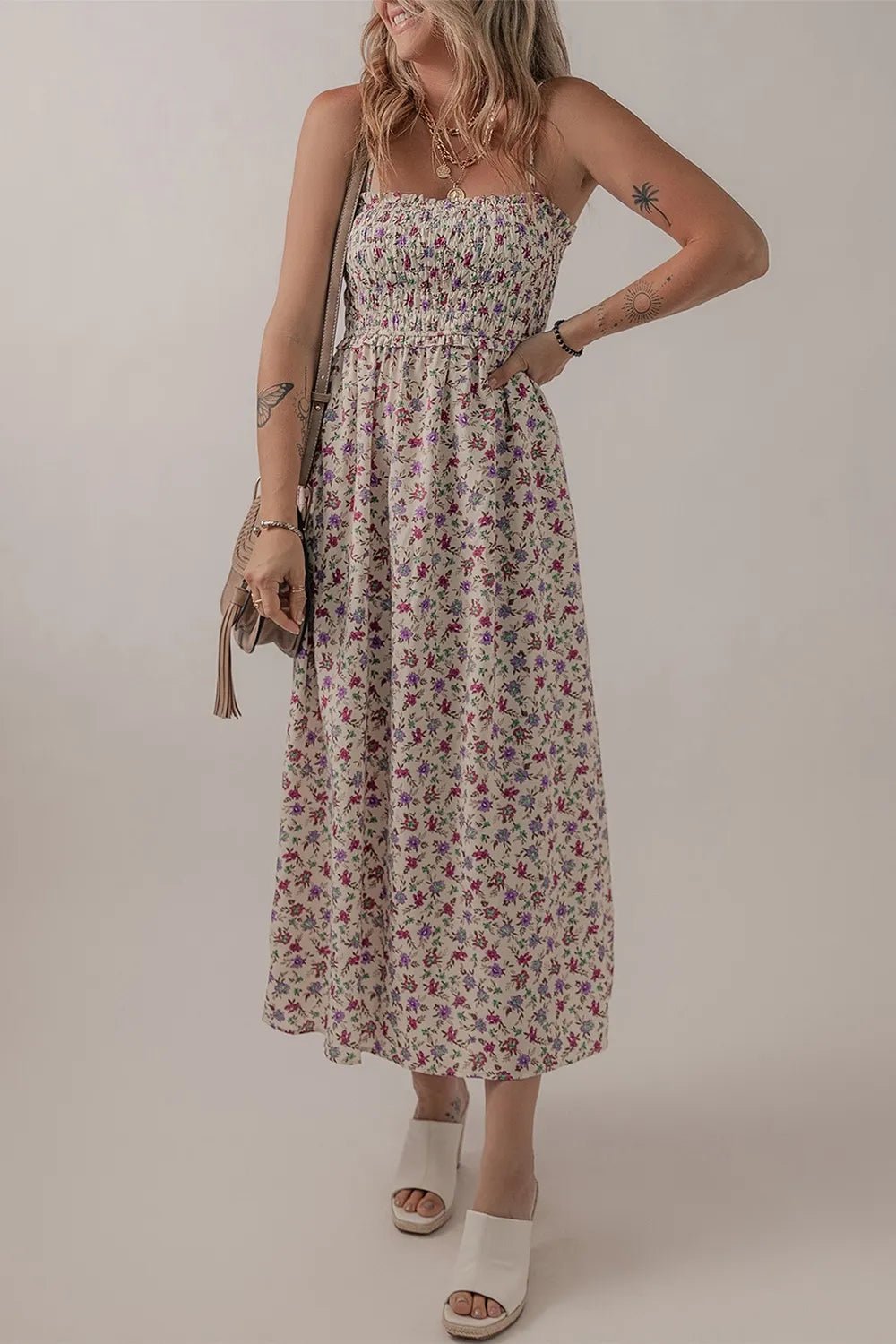 Multicolour Bohemian Ditsy Floral Smocked Fit Flare Sundress - Maka Boho