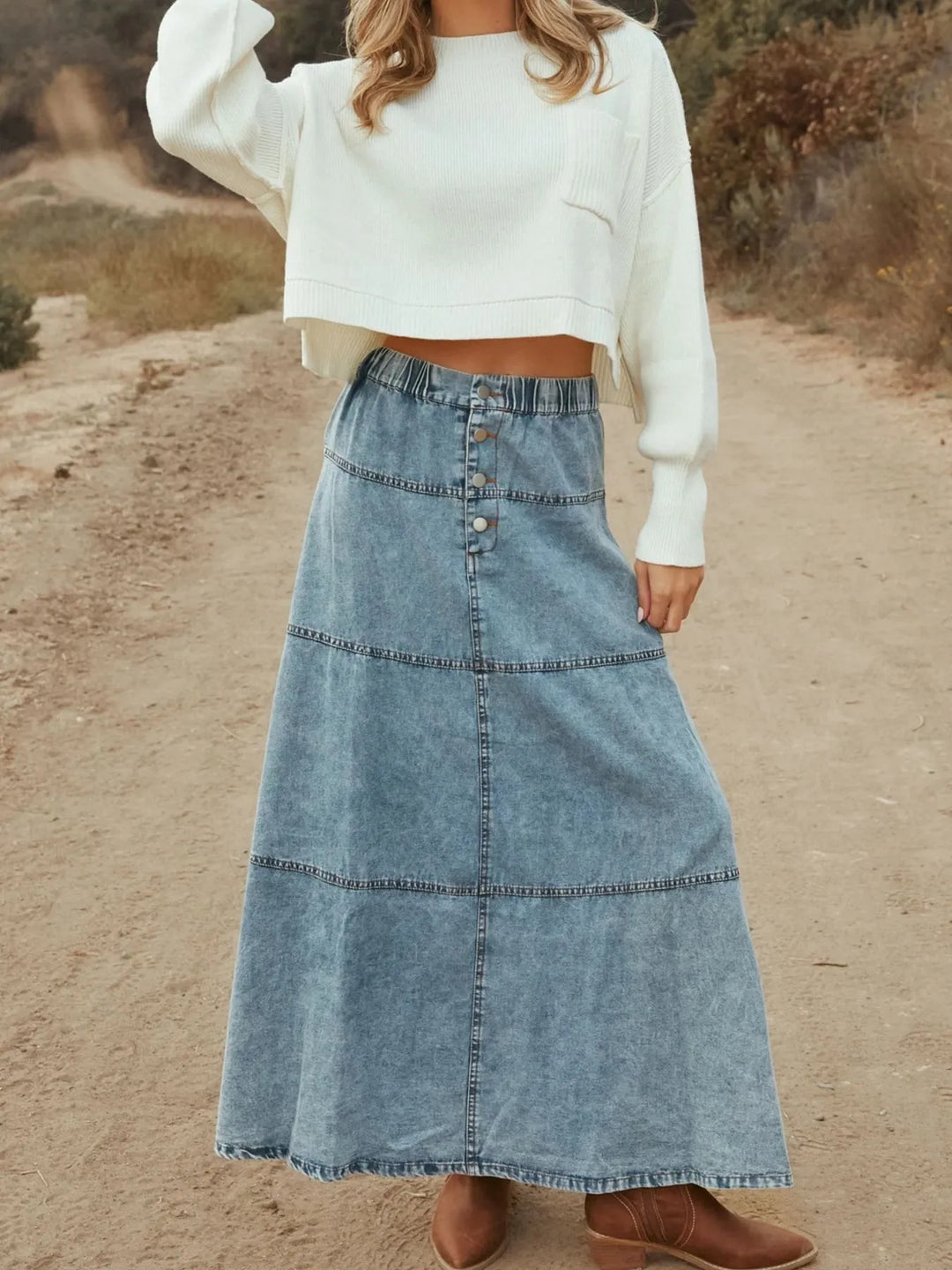 Button - Front Tiered Maxi Denim Skirt - Maka Boho