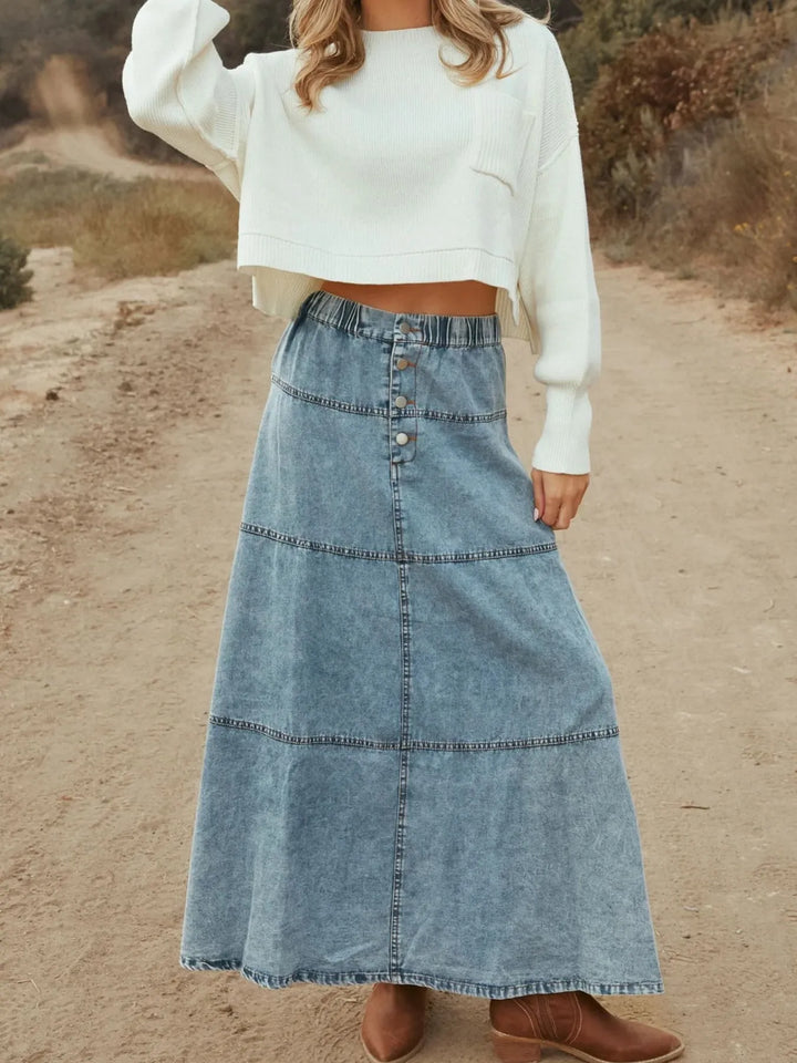 Button - Front Tiered Maxi Denim Skirt - Maka Boho