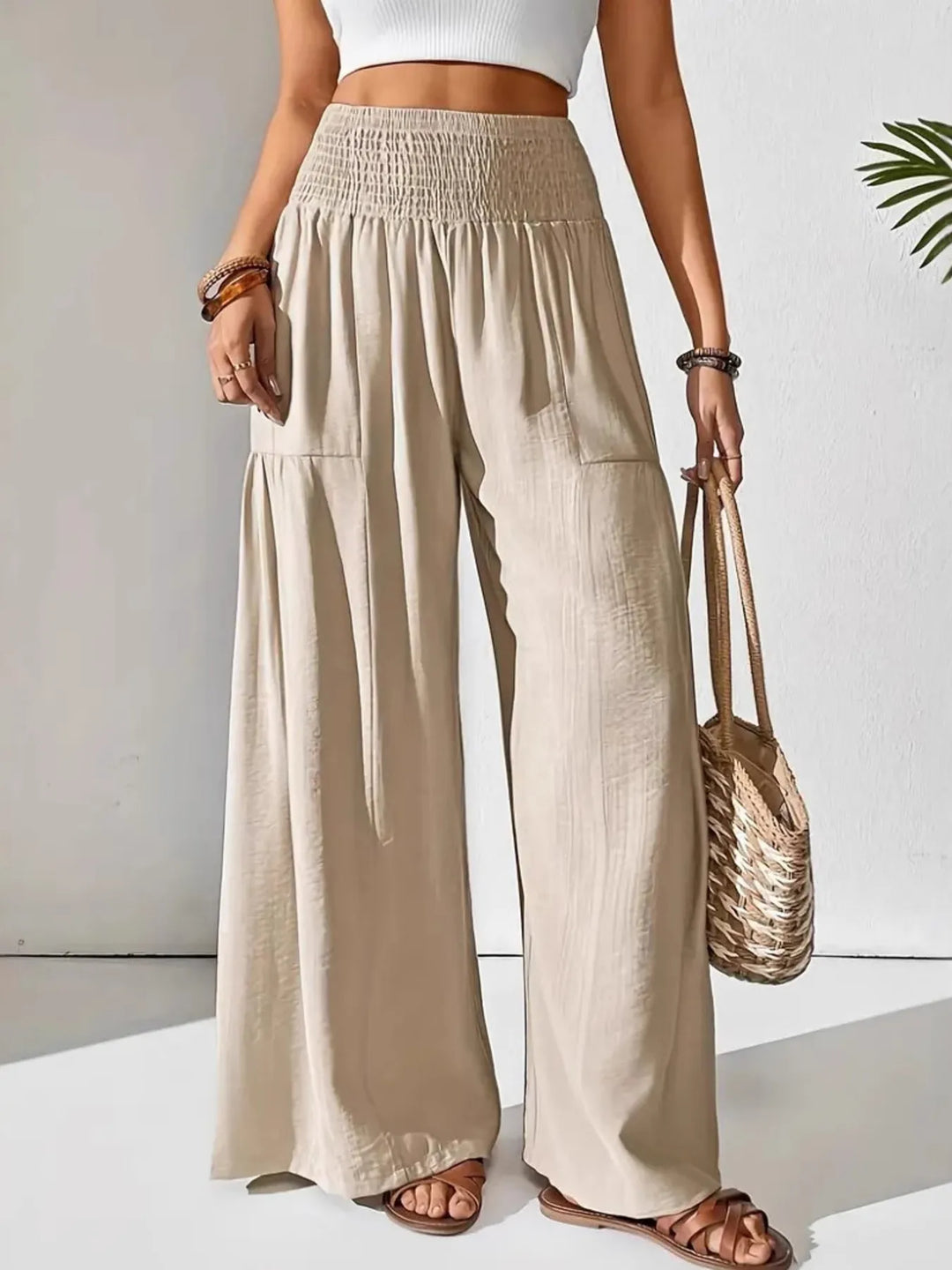 Smocked Waist Wide Leg Pants - Maka Boho