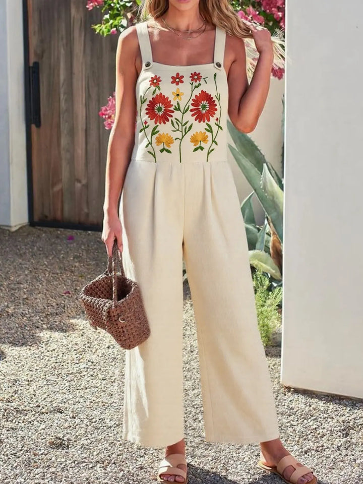 Floral Embroidered Wide Leg Jumpsuit - Maka Boho