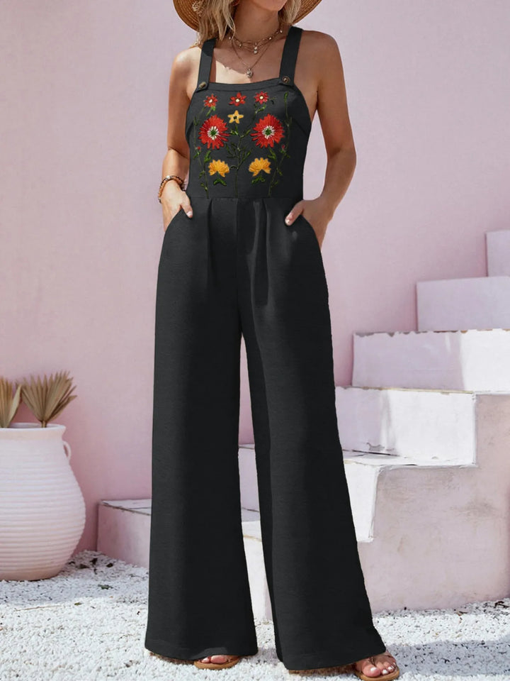 Floral Embroidered Wide Leg Jumpsuit - Maka Boho