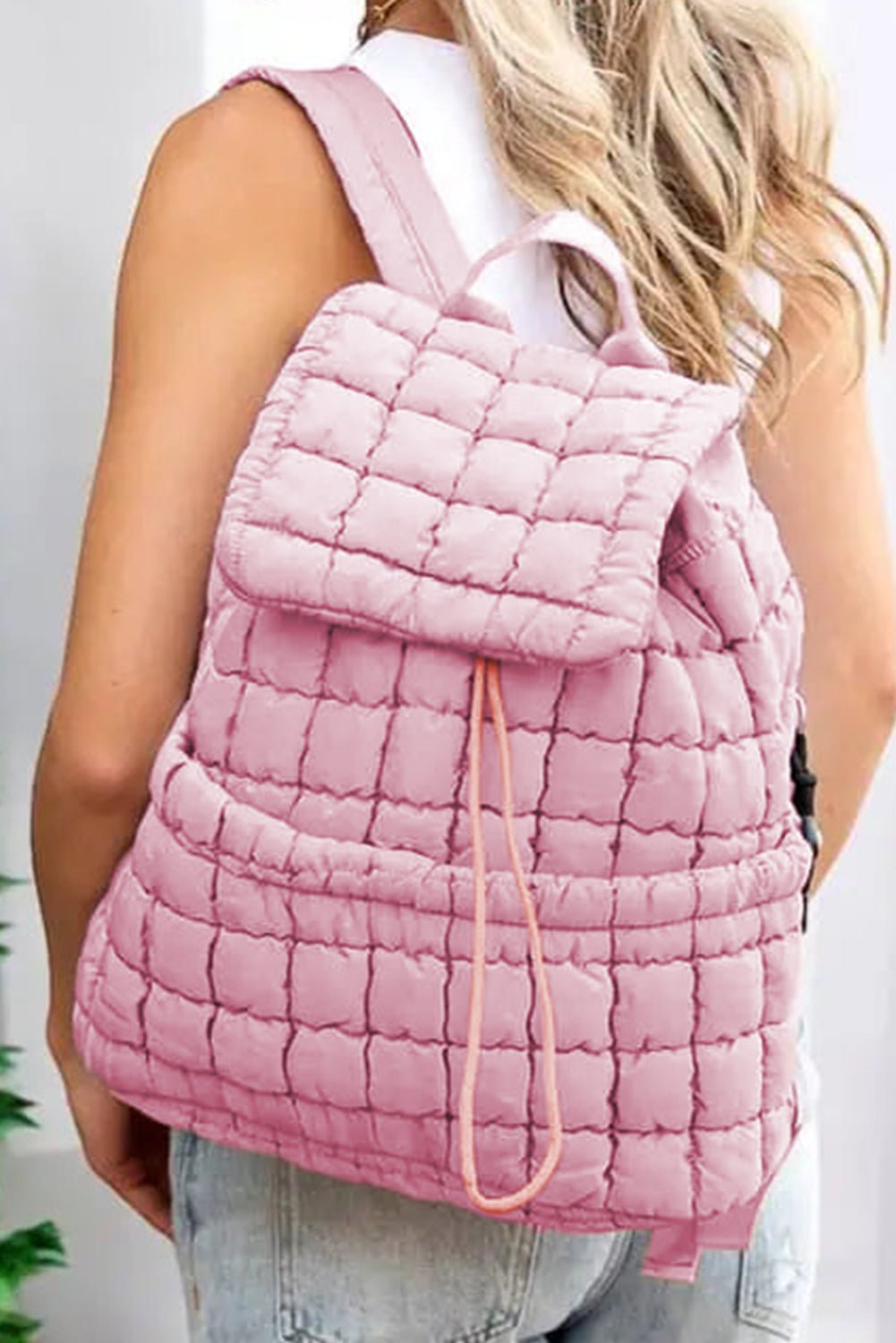 Pink Solid Flapped Quilted Puffer Backpack - Maka Boho