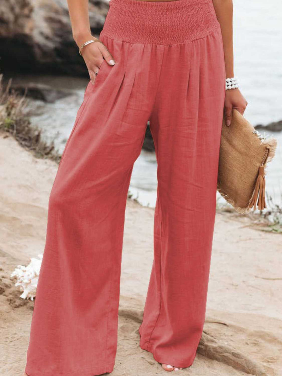 Full Size Smocked Waist Wide Leg Pants - Maka Boho