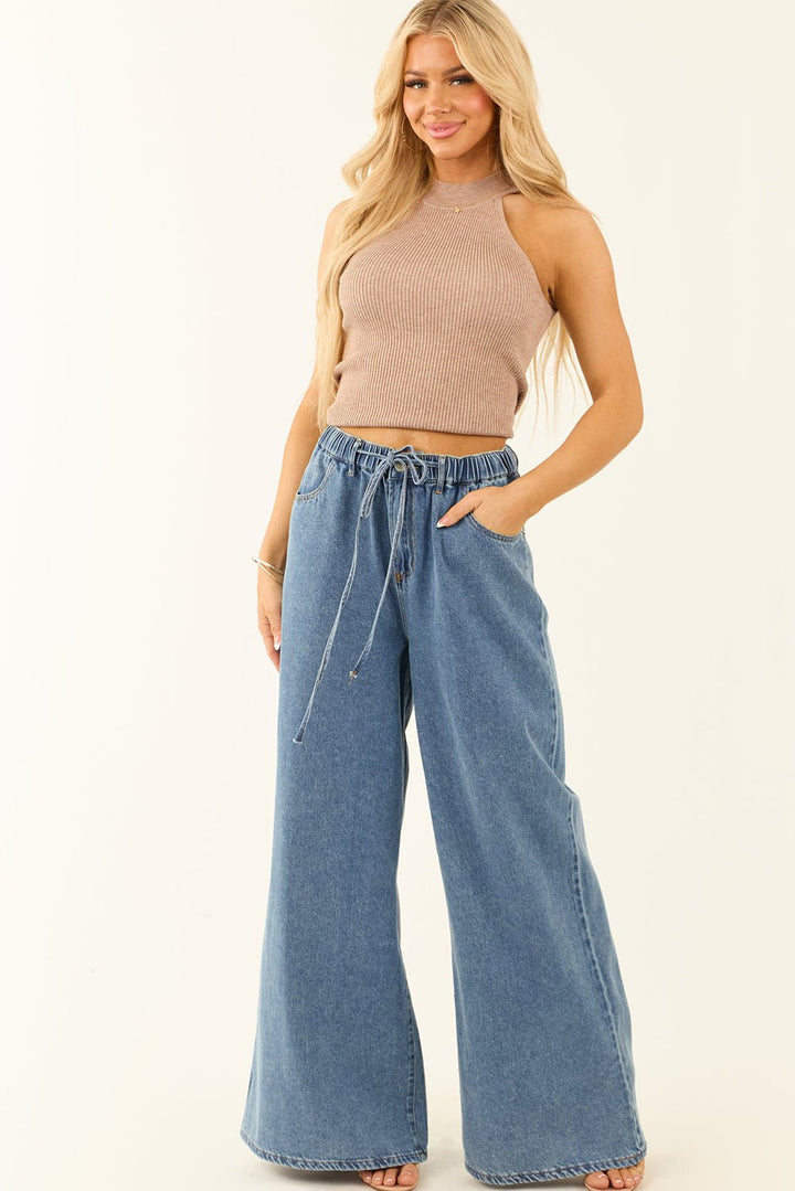 Dusk Blue Medium Wash Drawstring Waist Wide Leg Jeans - Maka Boho