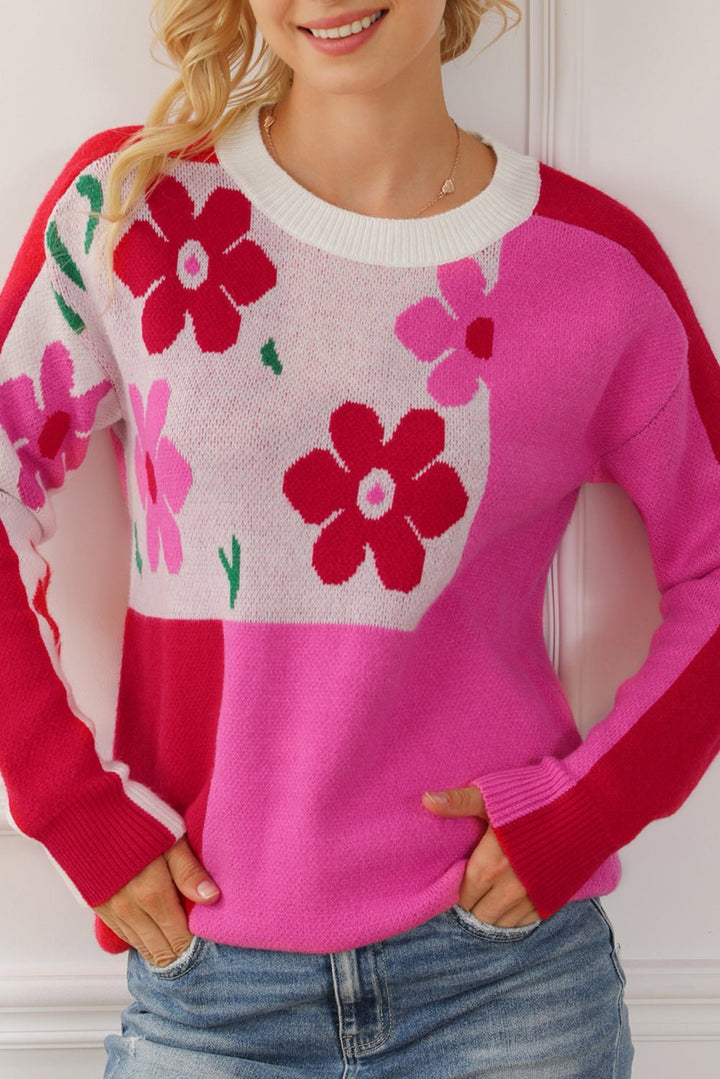 Rose Color Block Sweater - Maka Boho