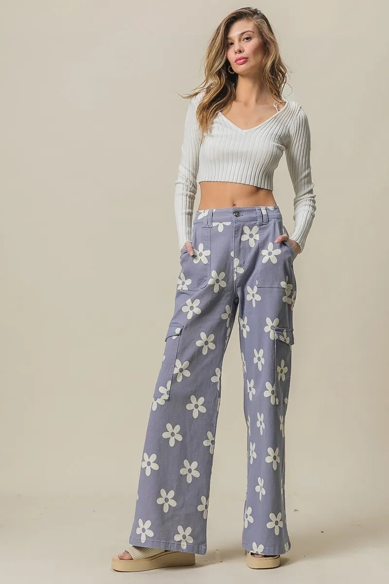 BiBi Flower Printed Side Pocket Wide Pants - Maka Boho