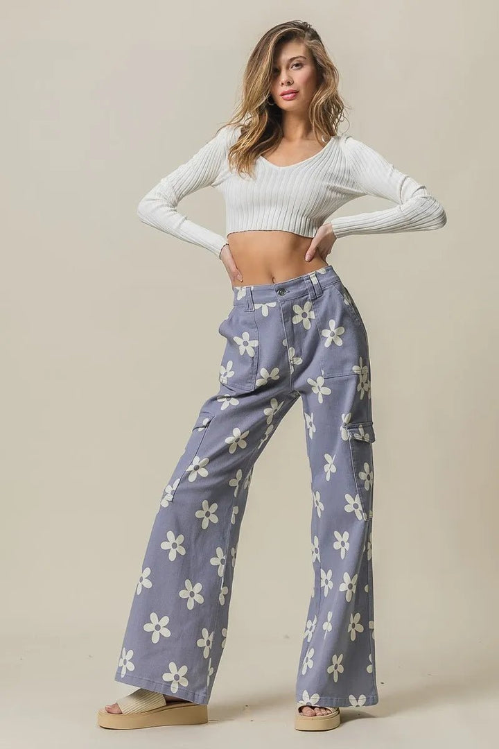 BiBi Flower Printed Side Pocket Wide Pants - Maka Boho