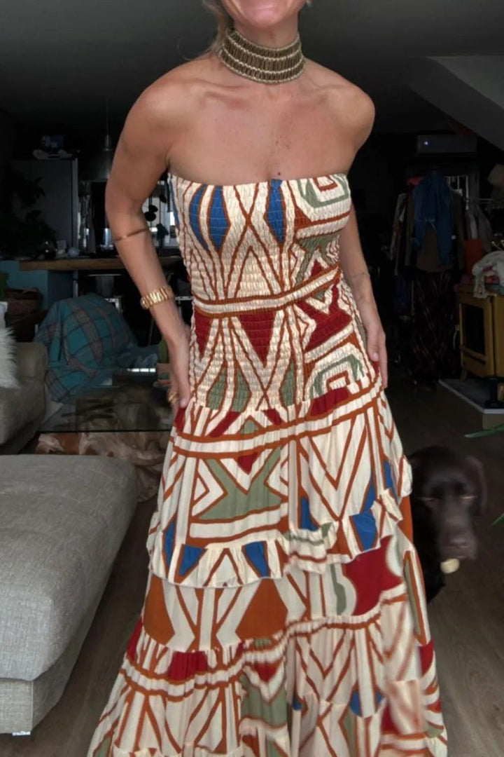 Smocked Printed Tube Dress - Maka Boho