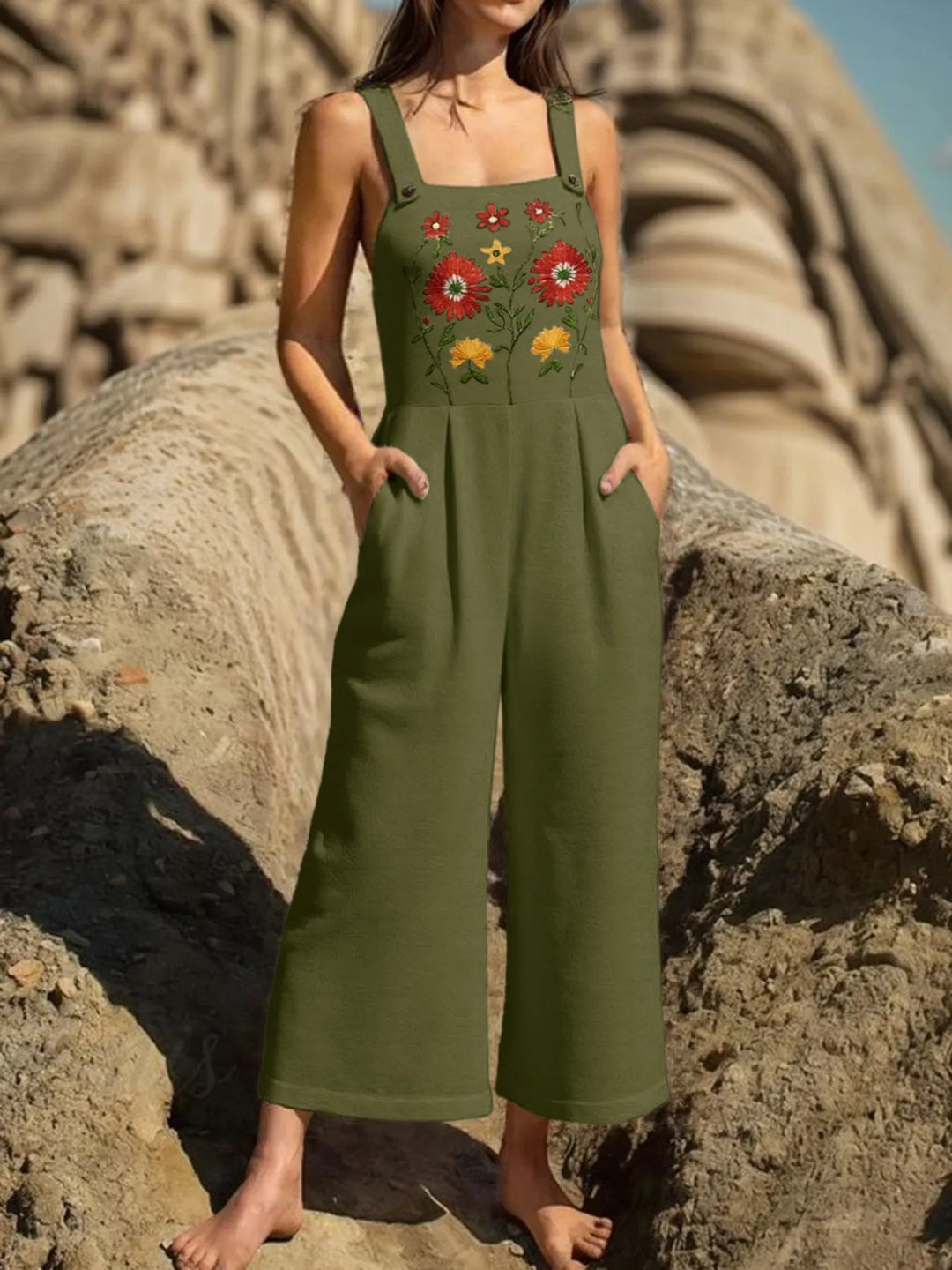 Floral Embroidered Wide Leg Jumpsuit - Maka Boho