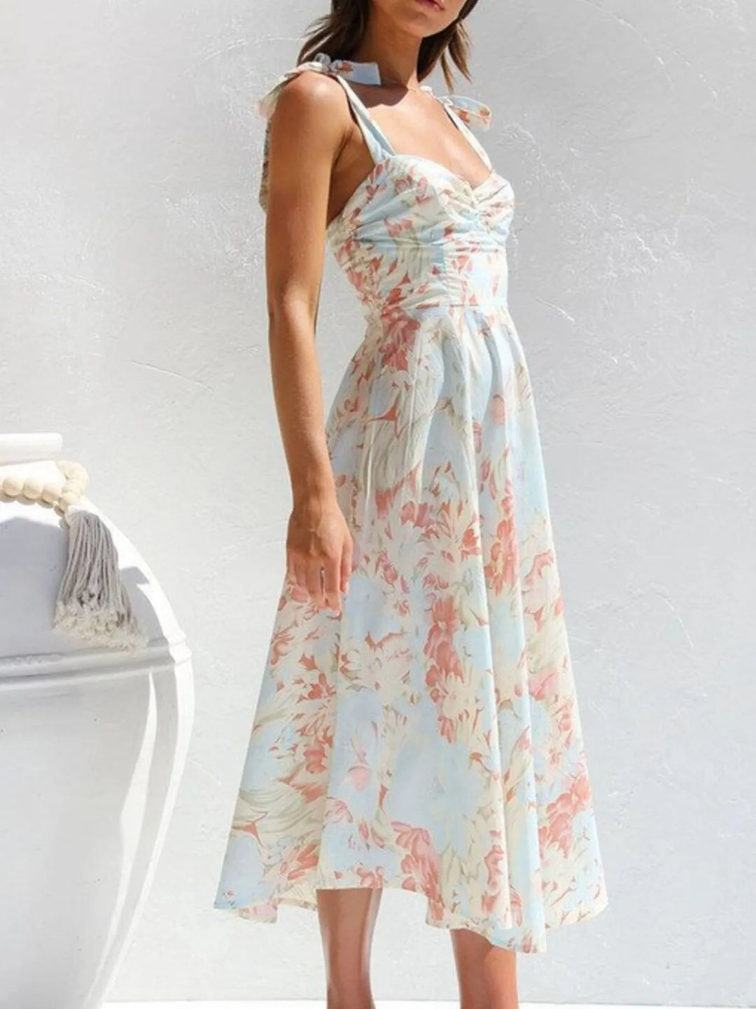 Floral Tie - Strap Sweetheart Neck Midi Dress - Maka Boho